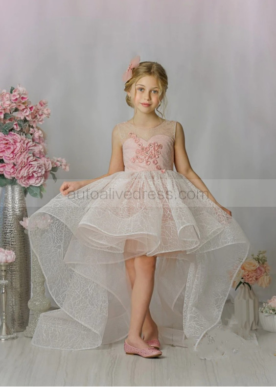 Pink Tulle 3D Flowers High Low Flower Girl Dress